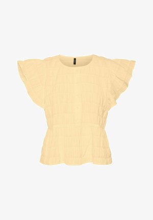 żółta bluzka z krótkim rękawem o teksturowanym, plisowanym wzorze, okrągłym dekolcie i guzikiem z przodu; zmarszczona talia z falbaniastymi rękawami.