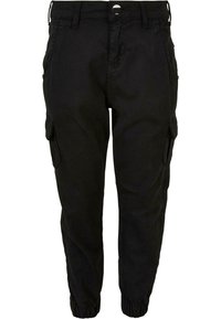 Pantalons cargo noirs en coton, dotés de poches latérales, de poignets élastiques et d'une coupe ajustée. Texture lisse avec un look minimaliste.