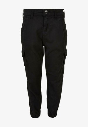 Czarne spodnie cargo wykonane z bawełny, z kieszeniami bocznymi, elastycznymi mankietami i dopasowanym fasonem. Gładka tekstura o minimalistycznym wyglądzie.