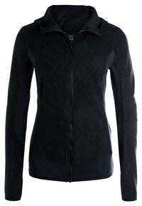 Zwarte zip-up jacket met een ruitpatroon, met een zachte textuur, capuchon en lange mouwen. Gemaakt van een mix van gestructureerde en gladde stof.