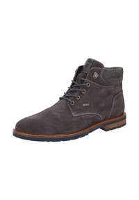 Stivale alla caviglia in suede grigio con punta tonda, colletto testurizzato grigio scuro, chiusura con lacci sul davanti e suola marrone con dettagli in gomma.