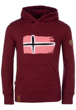Maroon hoodie featuring a front pocket, a large pink graphic with a cross design, and a textured fabric. Includes a logo patch on the sleeve.