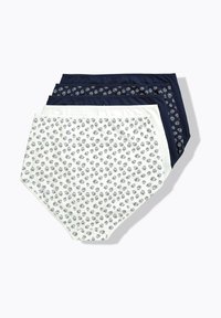 Vier pakken damesonderbroeken in marineblauw en wit, met een bloemmotief aan de voorkant en een effen kleur aan de achterkant. Zacht materiaal.