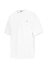 Weißes Baumwoll-T-Shirt mit kurzen Ärmeln, das ein kleines gelbes Bananenmotiv auf der linken Brustseite aufweist. Sanfte Textur und entspannter Schnitt.