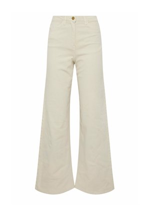 Pantalon beige taille haute à jambes larges avec bouton à l'avant, passants pour ceinture et poches latérales, présenté sur un fond blanc.