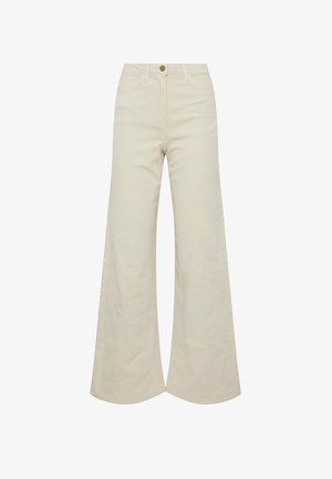 Pantalon beige taille haute à jambes larges avec bouton à l'avant, passants pour ceinture et poches latérales, présenté sur un fond blanc.
