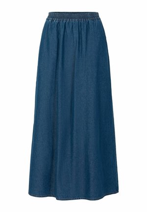 Tumesinise värvusega teksariidest maxiseelik, millel on elastne vöökoht, voolav siluett ja äär ilma kaunistusteta.