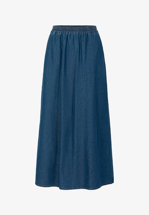Farmernadrág stílusú maxi szoknya, elasztikus derékszalaggal, mély kék színben, légies sziluettel, díszítés nélküli szegéllyel.