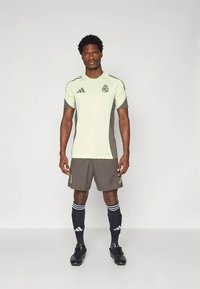 Vaaleanvihreä jalkapallopaita, jossa tummanharmaat yksityiskohdat, yhdistetty harmaisiin shortseihin, mustiin sukkiin ja mustiin nappulakenkiin. Adidas-brändäys näkyvissä.