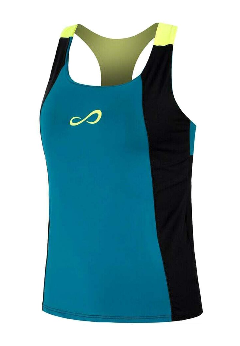 Una maglietta da allenamento senza maniche caratterizzata da un vivace fronte turchese, lati neri e dettagli giallo neon sulle spalline. Texture liscia.