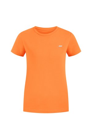 T-shirt arancione con maniche corte realizzato in cotone. Presenta un collo tondo e un piccolo logo bianco sul petto. Texture liscia, vestibilità standard.