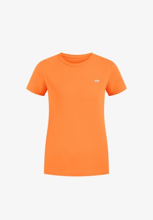 T-shirt arancione con maniche corte realizzato in cotone. Presenta un collo tondo e un piccolo logo bianco sul petto. Texture liscia, vestibilità standard.