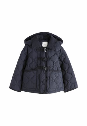 Marineblaue gesteppte Jacke mit Kapuze, Knebelverschlüssen, zwei Fronttaschen und einem Kordkragen.