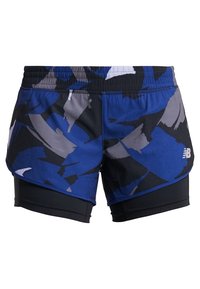 Tyto atletické šortky mají abstraktní tisk v modré, černé a šedé barvě s černou kompresní vrstvou pod nimi a elastickým pasem.