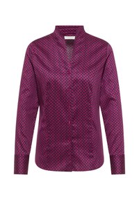 Camicia button-up magenta con motivo a squame ripetuto. Presenta un colletto alla mandarino e maniche lunghe con polsini abbottonati. Texture liscia.