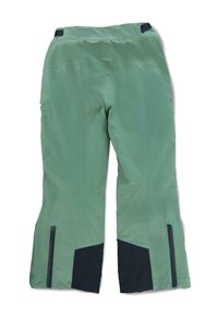 Pantaloni impermeabili verde chiaro con gamba ampia, caratterizzati da accenti blu scuro e tasche con zip sui lati per una maggiore funzionalità.