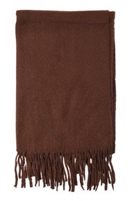 Sciarpa frangiata marrone realizzata in un materiale morbido con una texture sottile e fili luccicanti. I bordi sono rifiniti con cura, aggiungendo un tocco di dettaglio.