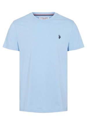 Hellblaues Baumwoll-T-Shirt mit Rundhalsausschnitt, kurzen Ärmeln und kleinem, geprägtem Logo auf der Brust. Glatte Textur, lässige Passform.