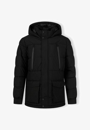 Must mustaga, millel on kapuuts, kahe lukuga rinnaTaskuga ja kahe esipaneeli taskuga, valmistatud siledast ja kergest materjalist.