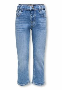 Jean en denim bleu clair avec une taille élastiquée, une coupe droite et un léger effet froissé près des poches.