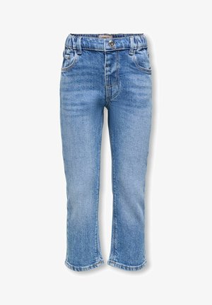 Svjetlo plave traper hlače z elastičnim pasom, ravnim krojem nogavic in subtilnimi gubami blizu žepov.