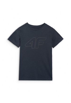 Ciemnogranatowy t-shirt z krótkim rękawem i okrągłym dekoltem oraz dużym nadrukiem „4F” na środku.