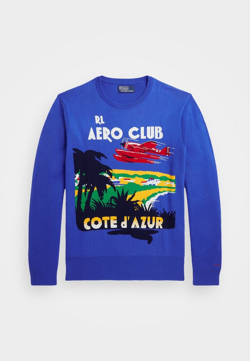Pull bleu à manches longues avec un graphique d'un avion rouge volant au-dessus de palmiers, de champs et du littoral, texte "RL Aero Club Côte d'Azur."
