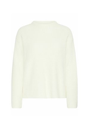 Witte textuurtrui met een ronde hals en lange mouwen. Heeft een losse pasvorm en subtiele ribbels door de stof.