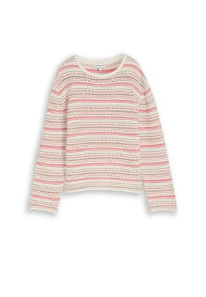 Sweter z długim rękawem, dziergany, z poziomymi kremowymi i różowymi paskami, z okrągłym dekoltem i ażurowym wzorem.
