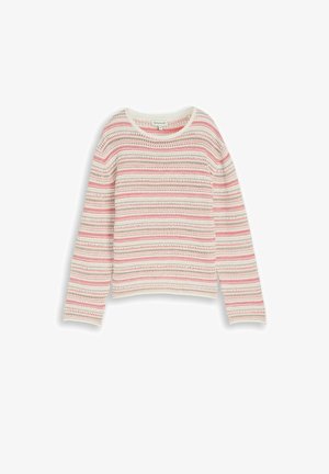 Pull en maille à manches longues avec rayures horizontales crème et rose, doté d'un col rond et d'un motif en maille ouverte.