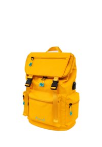 Yellow fabric backpack with a top flap, multiple zippered pockets, and blue zipper accents. Features adjustable straps and a sturdy handle.