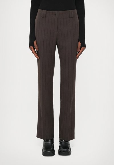 Brown pinstriped trousers with a tailored fit, made from textured fabric, featuring front pockets and a single button closure.