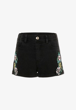Zwarte denim shorts met knopen aan de voorkant, riemlussen, voorzakken en kleurrijke bloemenborduursels aan beide zijden.