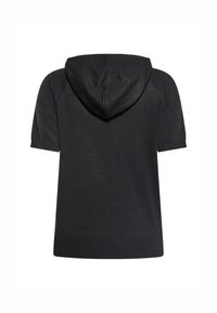 Felpa nera a maniche corte realizzata in tessuto morbido con cappuccio arrotondato, caratterizzata da un orlo a coste e un design minimalista senza fantasie.