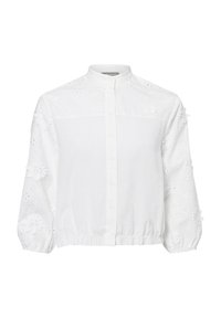 Weißes Blusenshirt mit hohem Kragen, Knopfleiste und puffigen Ärmeln, die mit floralen Stickereien und Lochstickerei verziert sind. Glatte Textur, taillierte Passform.
