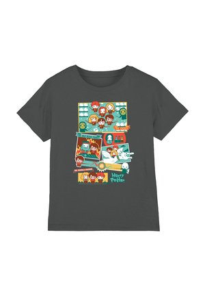 Gray T-shirt featuring cartoon Harry Potter characters and scenes labeled "The Order," "The Half-Blood Prince," and "The Deathly Hallows."