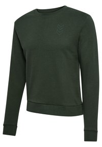 Donkergroen sweatshirt van zachte stof, met lange mouwen, een ronde hals en een subtiel chevronpatroon op de borst.