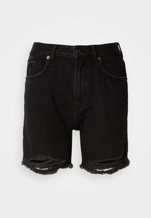 Czarne spodenki jeansowe z postrzępionymi, podartymi brzegami, przednimi kieszeniami, szlufkami na pasek oraz zapięciem na guzik i zamek.
