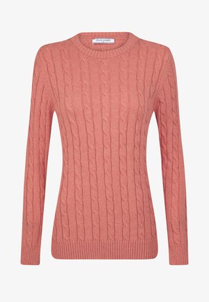 Różowy sweter z przędzy o splocie warkoczowym, okrągłym dekolcie i długich rękawach; posiada ściągacze przy mankietach i u dołu.