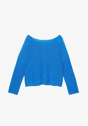 Pull en tricot bleu vif à manches longues, col bateau large et coupe décontractée, présenté à plat sur fond blanc.