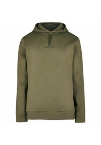Felpa verde oliva realizzata in tessuto a costine. Presenta una tasca frontale tipo kangaroo, cappuccio con cordino e lettering in rilievo sul petto.