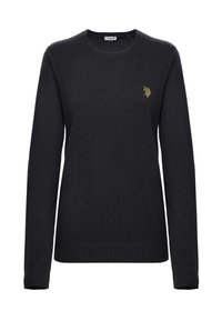 Maglione lavorato a maglia blu navy con scollo rotondo, maniche lunghe e un piccolo logo dorato sul petto. Polsi e orlo a costine.