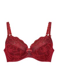 Red lace bra with padded cups, floral pattern, adjustable straps, and a small bow accent at the center front. Scalloped edges along the band.