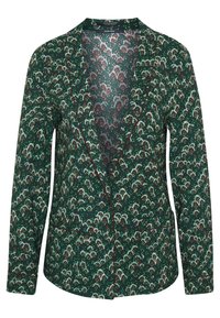 Blazer verde scuro con motivo floreale in rosso, bianco e verde. Presenta un colletto a revers, maniche lunghe e due tasche frontali.
