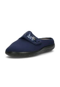Pantofole scivolate in tessuto blu navy con sovrapposizione di pizzo decorativo e suola in gomma nera. Presentano una punta arrotondata e un plantare imbottito.