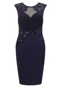 Marineblaues ärmelloses Kleid mit transparentem Netz-Einsatz. Verziert mit Applikationen und dekorativen Nähten am Ausschnitt und an der Taille. Figurbetonte Form.