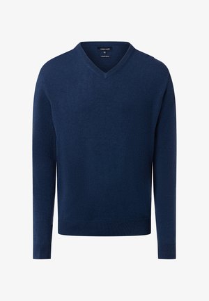 Pull en V bleu marine fabriqué à partir d'un matériau doux, avec des manches longues et des poignets côtelés, présentant un design sans couture et des détails de couture minimaux.
