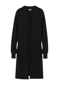 Lange zwarte cardigan met een wijd open front, gebreide textuur en lange mouwen, gemaakt van zachte stof voor comfort. Geen sluitingen of patronen.
