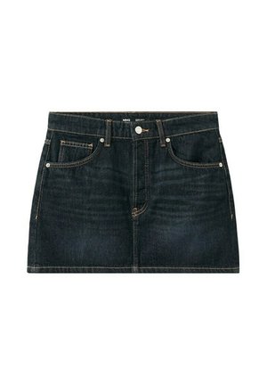 Fustă mini din denim albastru închis, cu buzunare frontale, găuri pentru curea și închidere cu nasture.