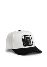 Gorra de béisbol blanca y negra con parte trasera de malla y parche con la cabeza de una pantera negra y texto "PANTHER" en el panel frontal.